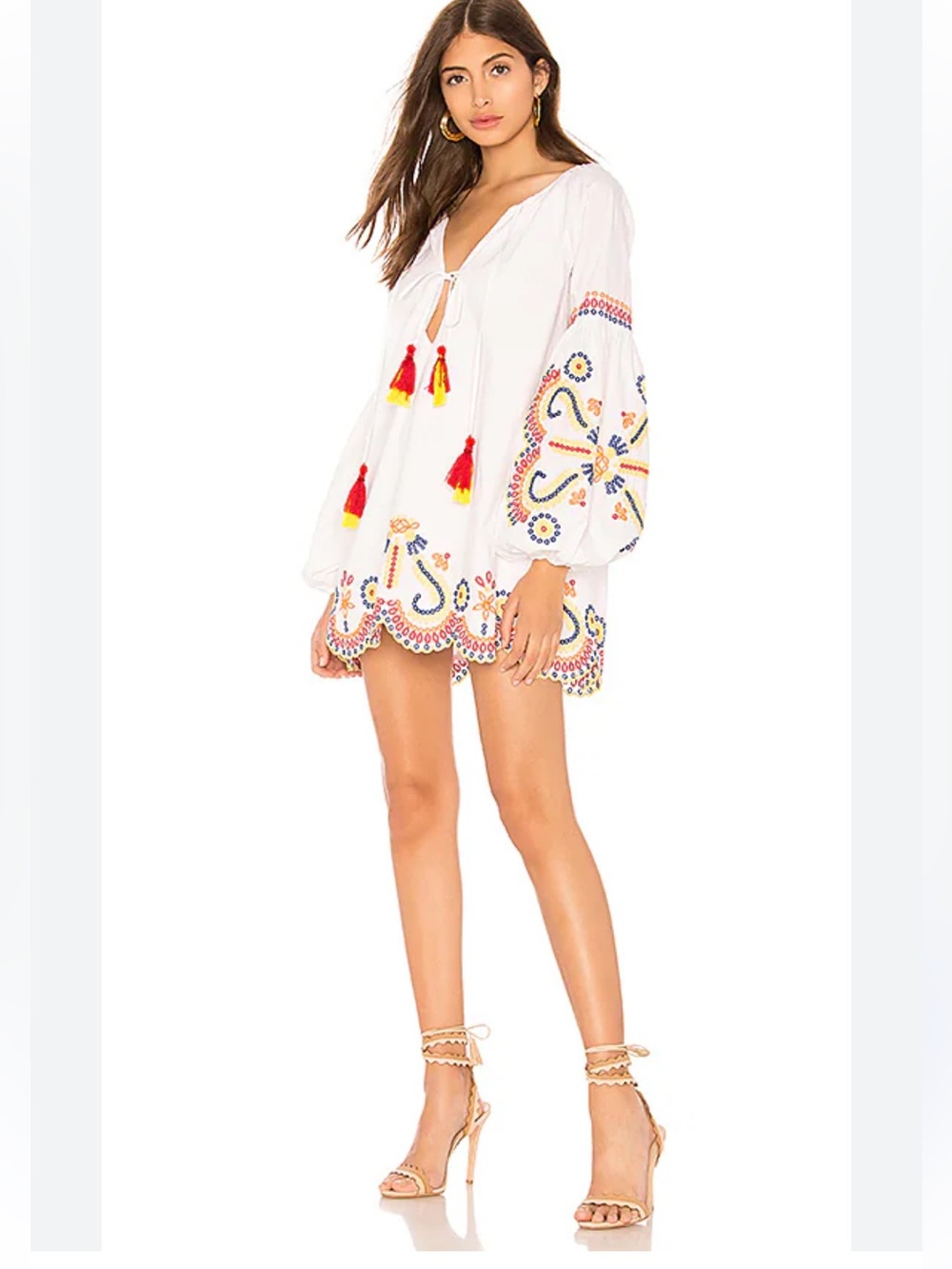 Tularosa White Embroidered Tassel Mini Dress